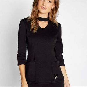 Jaanuu Ponte collection 3/4 length sleeves mock neck & cutout in Black. Small